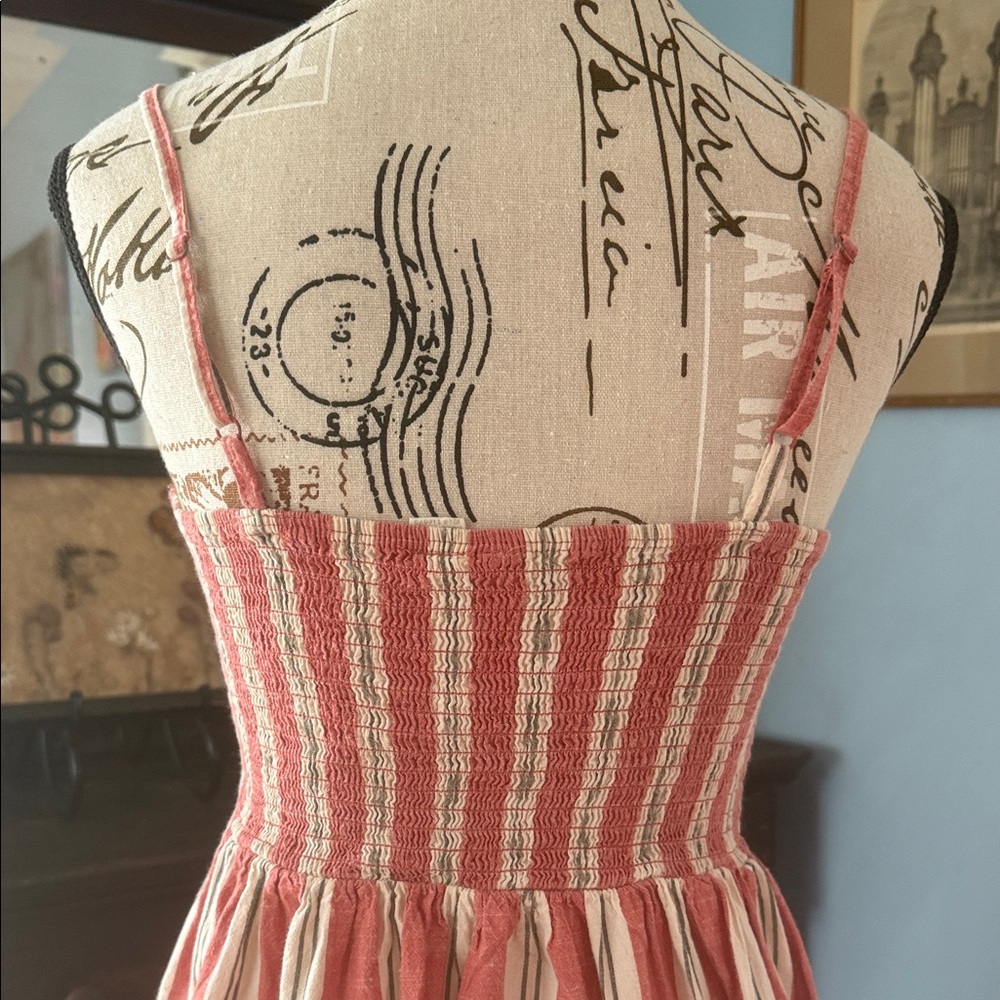 Japna Coral Red Creamy White Striped Tie-Front Button Up Spaghetti Strap Dress - Picture 7 of 12